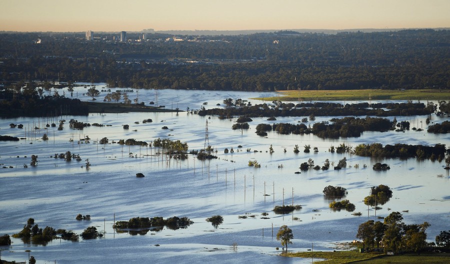 An aerial view of flooding in a residential area