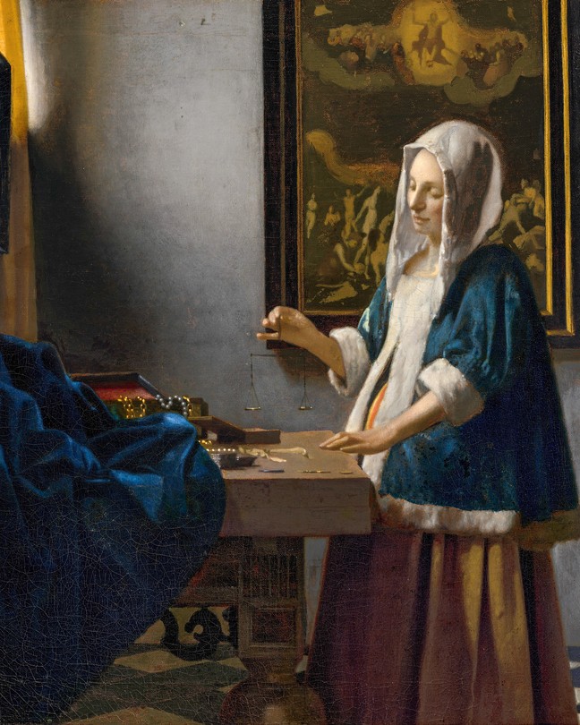 Painting of a woman gazing down at a hanging balance scale she holds between her fingers