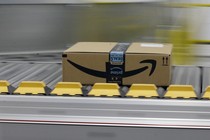 An Amazon Prime package on a conveyor belt