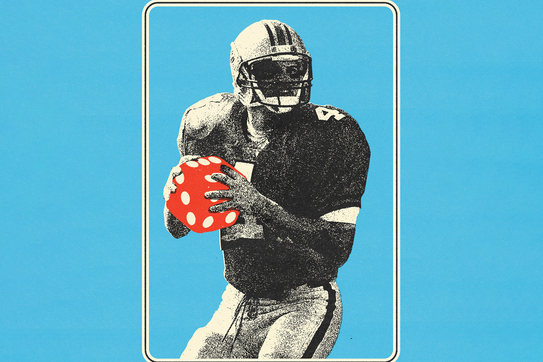 illustration with black-and-white photo of football player holding red-and-white game die instead of football on blue background