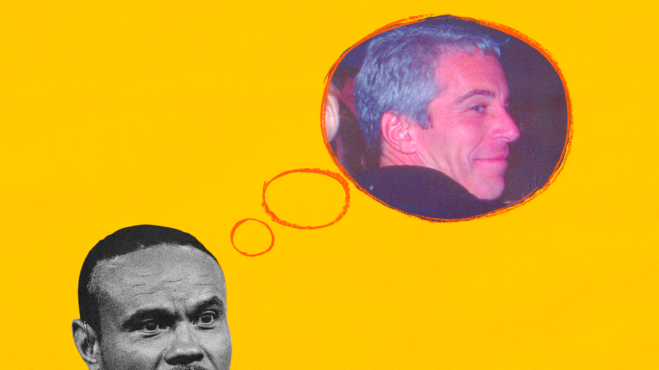 An illustration of the head of Dan Bongino with a thought bubble, around Jeffrey Epstein, on a yellow background
