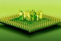 Illustration of a bunch of small toy people standing within a microchip