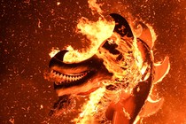A wooden sculpture of a dragon's head, covered in flames
