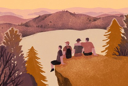 A group of four friends set on a cliff overlooking a lake in the woods