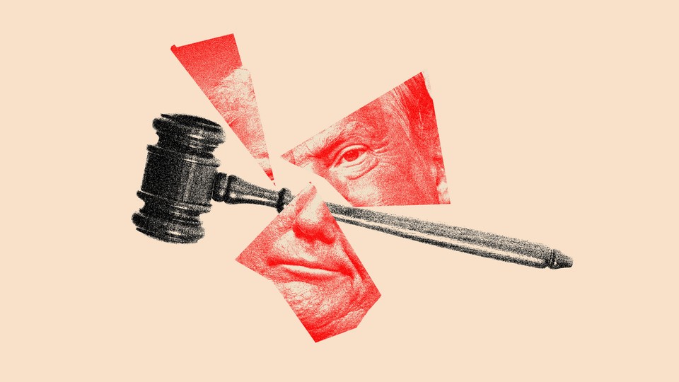 A photo illustration of a gavel smashing a portrait of Donald Trump.