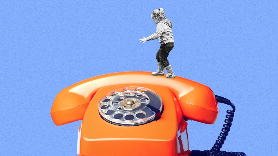 Graphic illustration of a child walking on top of a rotary phone.