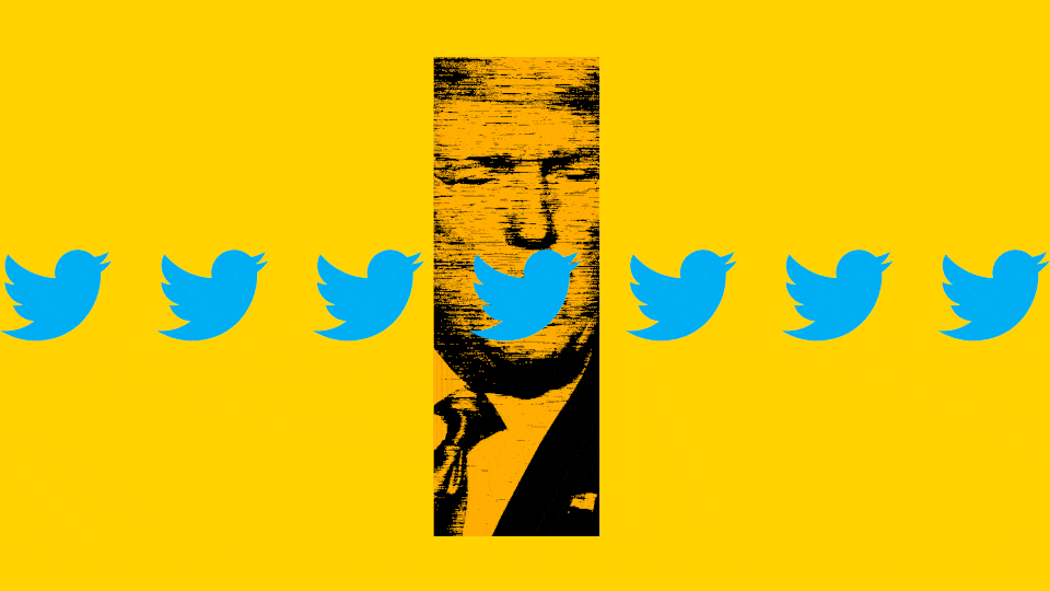 Procession of Twitter bird logos cross in front on Donald Trump's face