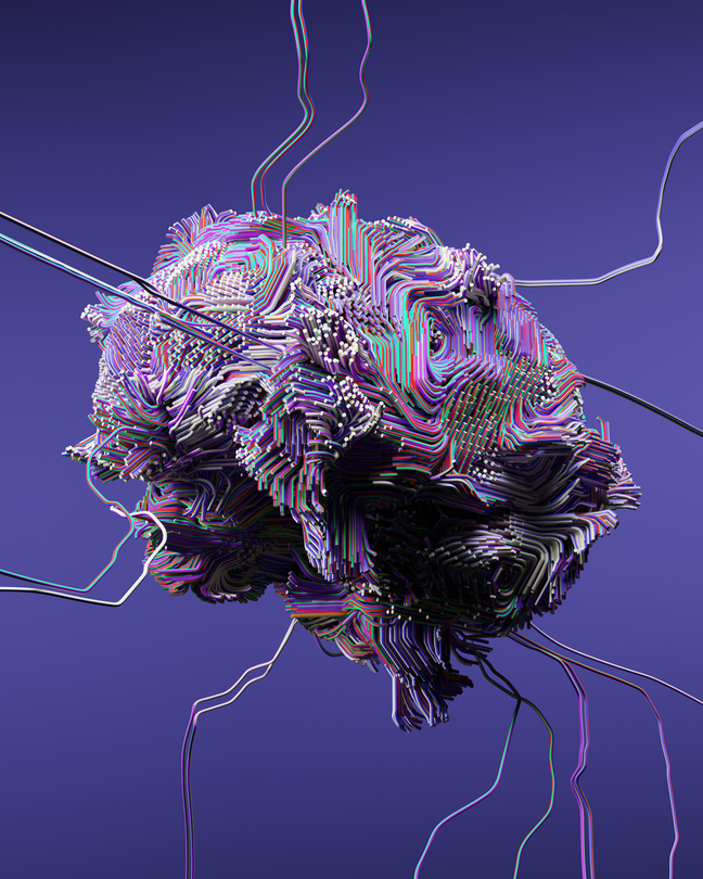 An illustration of an abstract brain with wire-like strands stretching in different directions against purple background