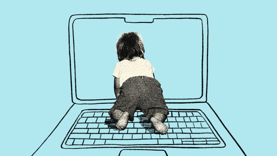 Illustration of a toddler crawling into a laptop screen