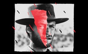 Clint Eastwood in "The Good, the Bad and the Ugly" with a tear across his face that reveals a photo of Donald Trump