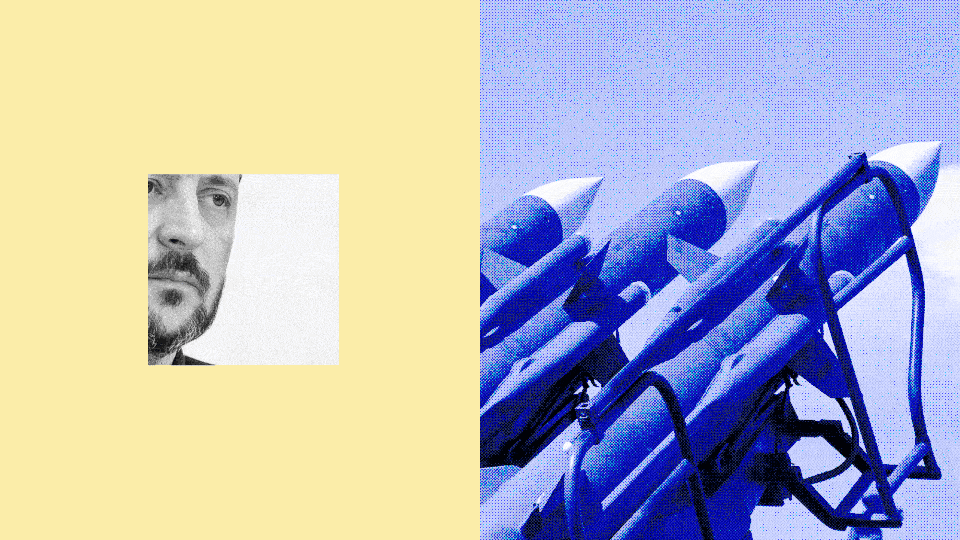 Ukrainian President Volodymyr Zelensky alongside a picture of missiles
