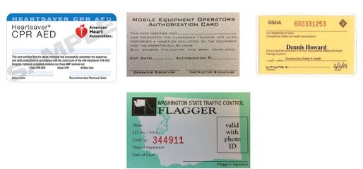Cards for certifications in CPR, mobile-equipment operation, and others