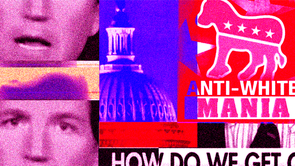 Illustration of Tucker Carlson, the U.S. Capitol and a sign reading "Anti-white mania"
