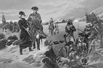 French military leader Marquis de Lafayette and General George Washington at Valley Forge encampment of the Continental Army during the winter of 1777-78