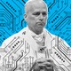 A graphic illustration showing a black-and-white photo of Pope Leo XIV overlaid with an electrical-circuit pattern, such as one found on a computer chip.