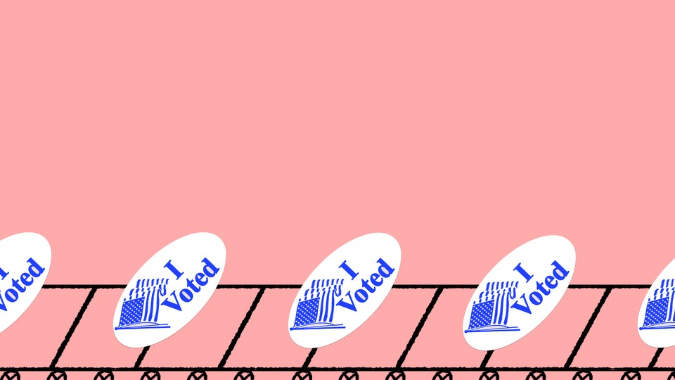 An illustration showing a conveyor belt with "I voted" stickers