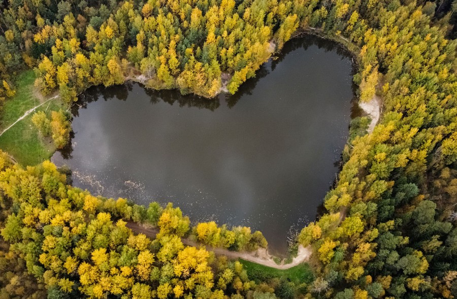 An aerial view of a heart shaped lake