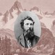 A photo illustration diptych of John Muir against a backdrop of mountains on the left side, and a painting of green, dense woods on the right side