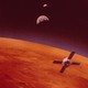 A satellite hovers above Mars with Earth in the background