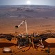 An illustration of NASA's InSight lander, with its wing-like solar panels, on the surface of Mars