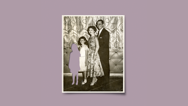 black-and-white family photo of girl standing with parents, with cut-out silhouette of missing younger child on light purple background