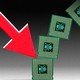 A downward stock-market arrow colliding with a stack of computer chips