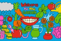 Collage of garden party elements—watering can, fruit punch, finger sandwiches, rain clouds, flowers, etc.