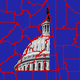 A map of blue-shaded congressional districts divided by red lines, and the U.S. Capitol as a background in the middle of the illustration