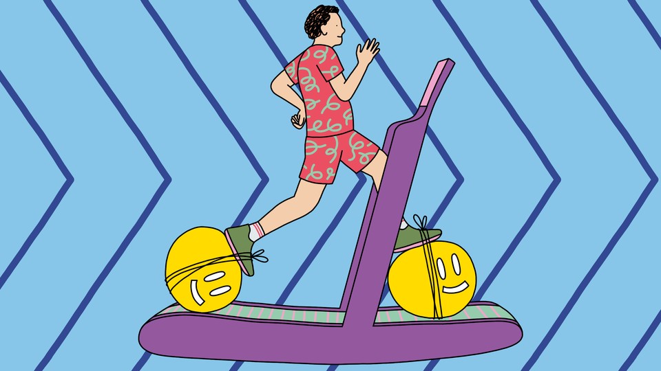 An illustration of a man jogging on a treadmill with round, yellow, smiling faces tied to the soles of his shoes