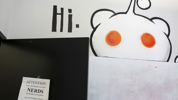 A sign that says "hi," hangs on the door of an office at Reddit headquarters in San Francisco, California.