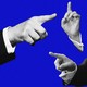 Illustration of black-and-white arms in suits pointing fingers in various directions with a blue background