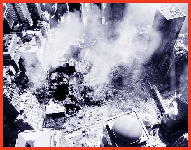 black-and-white aerial photo of smoking wreckage at World Trade Center in New York City