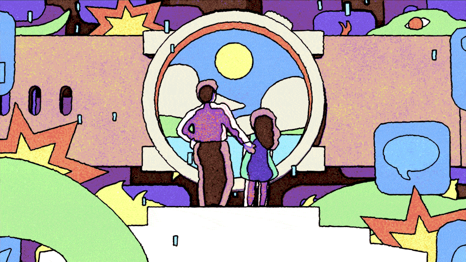 Animation of a father and daughter looking at a watch.