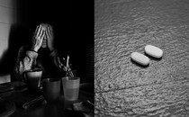 On the left, a black-and-white photo of a person with their face in their hands, and on the right, a pair of oval pills