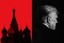 An illustration of the Kremlin next to a black-and-white photo of Donald Trump