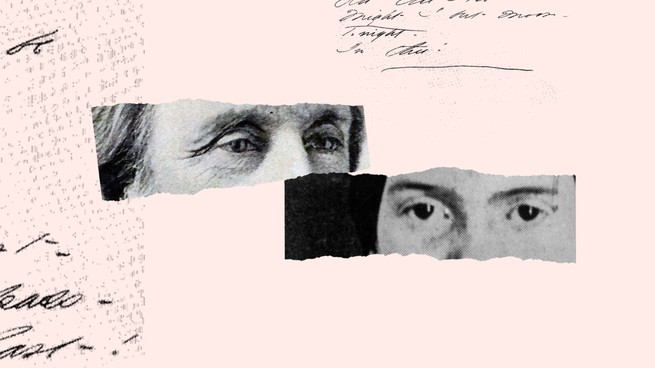 Torn photographs show the eyes of Emily Dickinson and Thomas Higginson