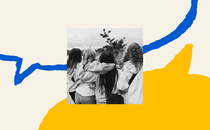 The outline of a blue speech bubble fills the top half of the screen. A second speech bubble is filled in all yellow on the bottom of the screen. In the middle of the two bubbles is a black-and-white photo of 4 college-aged women walking away from the camera. They are dressed casually with jeans and sweatshirts and each has hair that is a different color and texture hair from the others. They have their arms around one another. Their backs are to the camera.