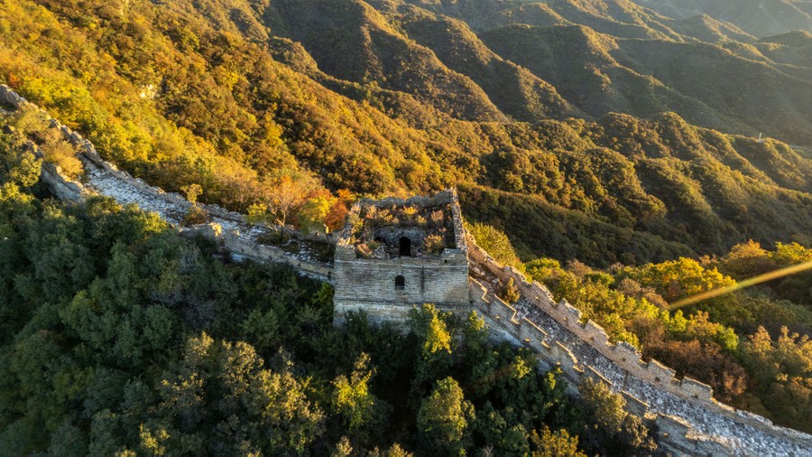 An aerial view of autumn colors along a section of China's Great Wall