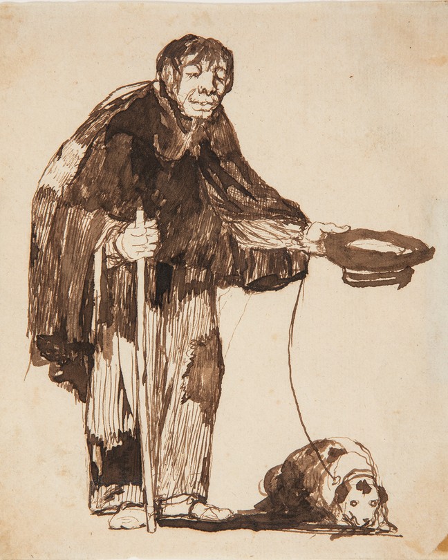 sepia-toned ink sketch of man dressed in rags with walking stick in one hand and the other holding out a hat, with a leashed dog lying at his feet
