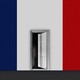 A wall in the colors of the French flag; the middle, white section features an open door through which a girl walks into darkness.