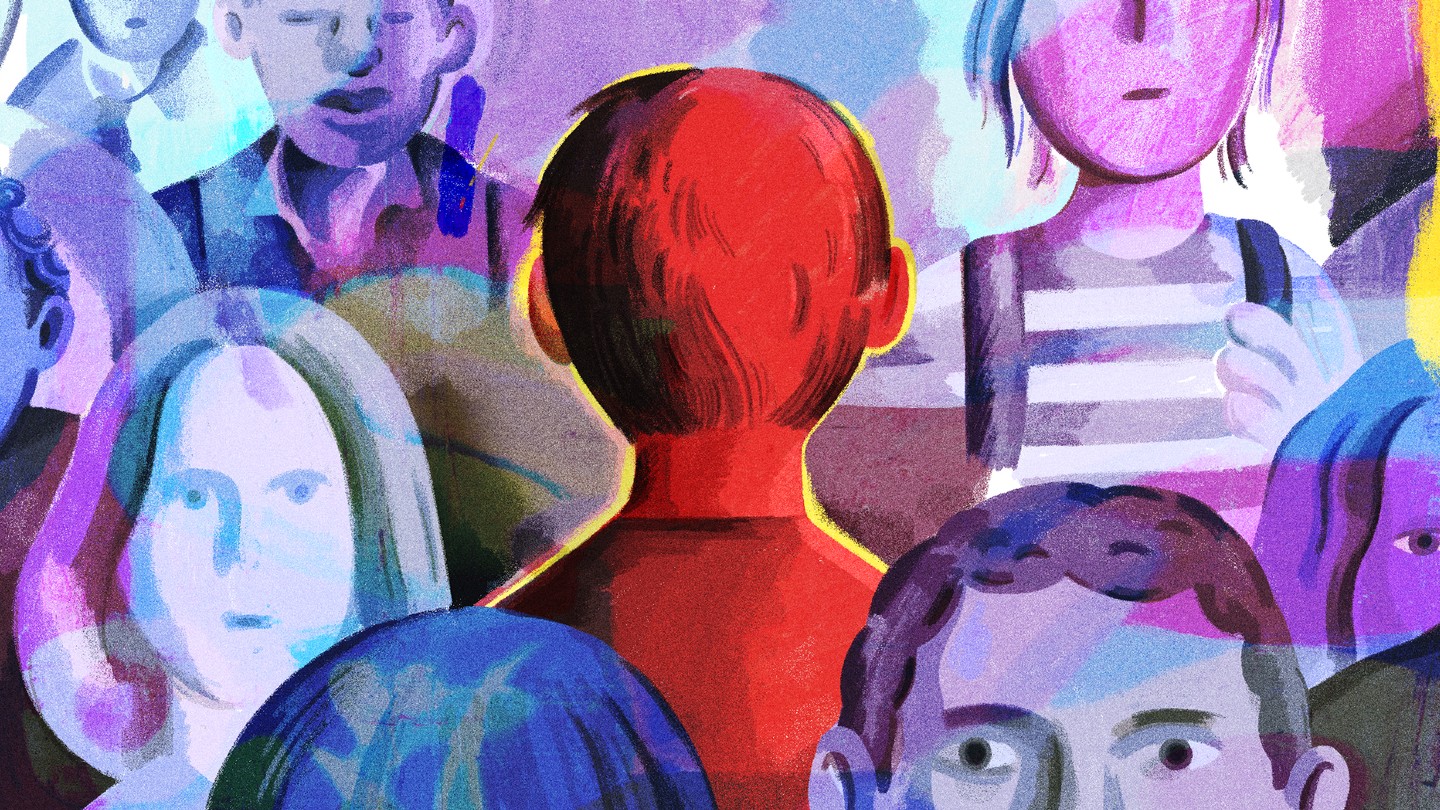 An illustration of an anonymous child highlighted in red in a crowd of other young students