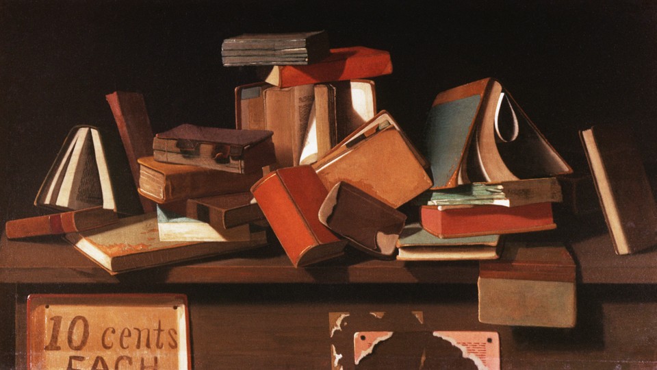A painting of several books tossed haphazardly on a table