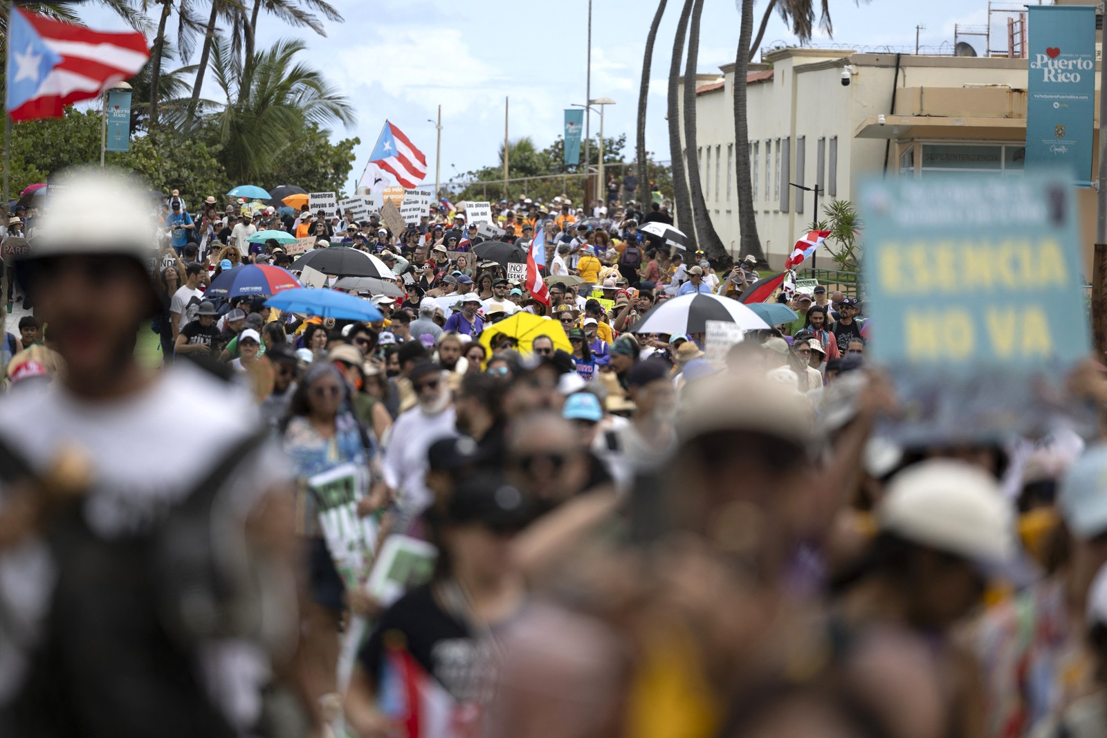Hundreds of people are seen marching during a protest in Puerto Rico.