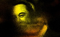 An illustration of Elon Musk's face, rendered in yellow and orange, with his bottom half disintegrating as if made of dust