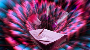 Psychedelic neon blue and pink image of test tubes, sample containers, a clipboard, and a pen being sucked into a vortex