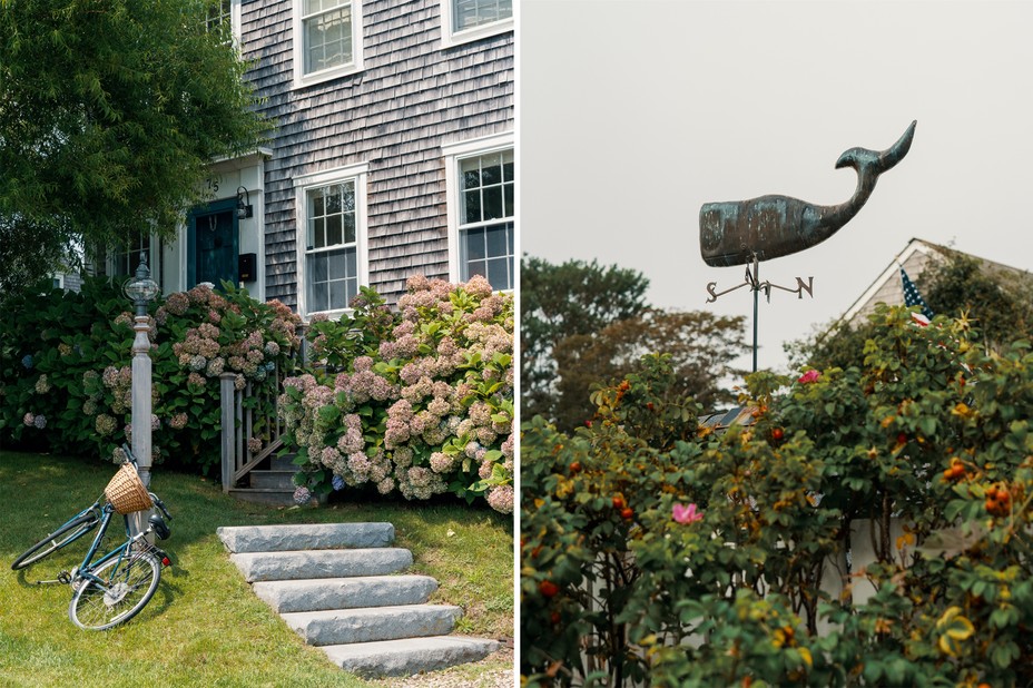 Left: A recently renovated hosue in the Five Corners section of Nantucket. 2021. Right: A windvane in the shape of a whale in the Codfish Park section of Nantucket. 