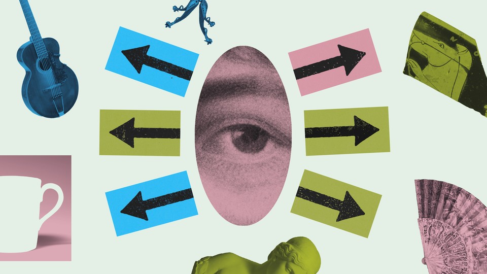 A collage of arrows pointing out from a human eye surrounded by random objects including a guitar and a coffee mug