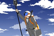 A man in a suit wearing a jetpack and holding a USB cord flying into space