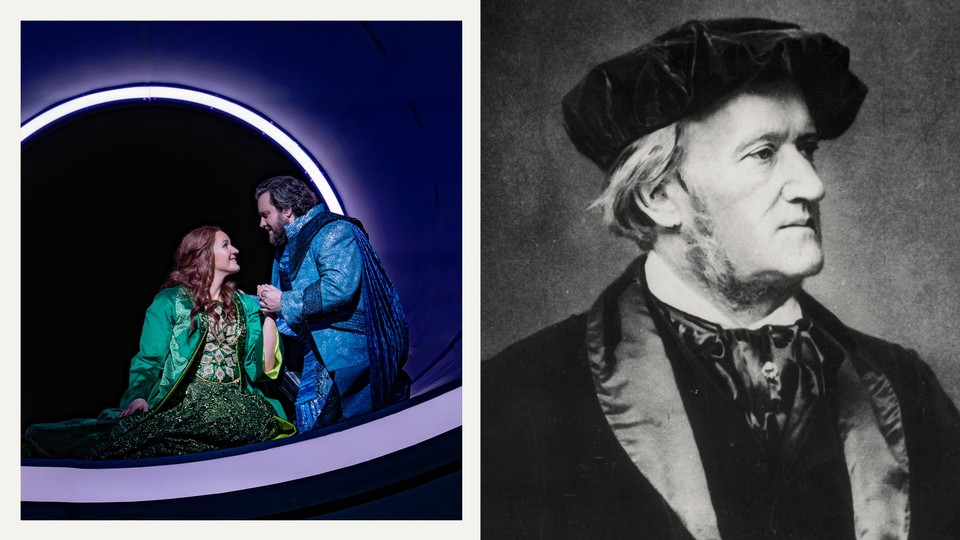 A split image of a new production of “Tristan Und Isolde” and a photo of Richard Wagner
