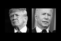Black-and-white headshot photos of Donald Trump and Joe Biden